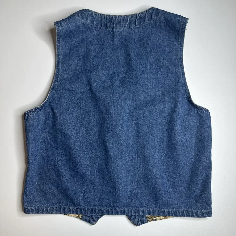 Vintage Cherokee Womans Denim VestAutumn Leaves Buttons USA Made Size Medium 90s